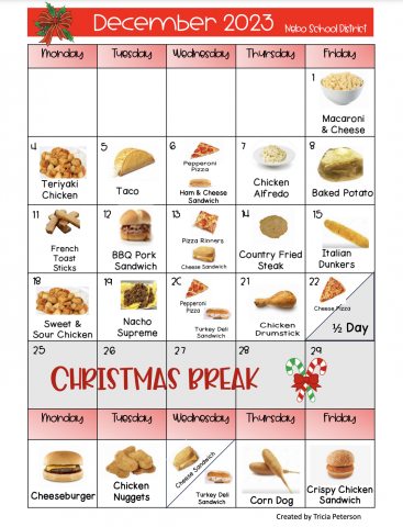December Lunch Calendar - 30 days of menu